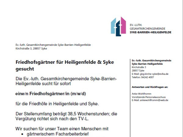 Stellenanzeige Friedhofsgärtner für Heiligenfelde & Syke